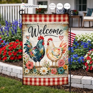 May include: A garden flag with a rustic design. The flag features the word "Welcome" above two colorful rooster illustrations. The top and bottom borders have a red and white gingham pattern. The flag is 12" x 18".