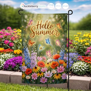 May include: A garden flag with the words "Hello Summer" in gold script, surrounded by colorful butterflies and flowers. The flag features a vibrant floral design with orange, pink, and yellow blooms. The flag is 12 x 18 inches.