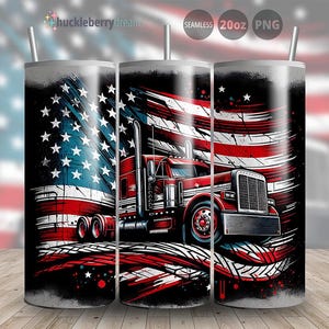 May include: A 20oz tumbler with a seamless design featuring a red, white, and blue American flag with a semi-truck driving through it.
