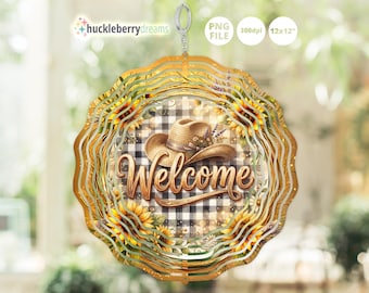 May include: A decorative, layered metal sign with a gold finish and a wavy edge. The sign features a cowboy hat, sunflowers, and the word "Welcome" on a checkered background. The sign is designed to hang and includes the text "PNG FILE 300dpi 12x12".