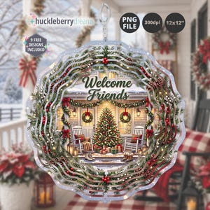May include: A circular metal wind spinner featuring a Christmas porch scene with a decorated tree, rocking chairs, and the text Welcome Friends. The design includes pine branches, red berries, and lights, with a hanging loop at the top.