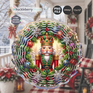 May include: A circular wind spinner featuring a nutcracker in a green and red uniform with a crown, surrounded by a wreath of holly, red berries, snowflakes, and colorful ornaments. Text includes huckleberrydreams, PNG FILE, 300dpi, 12x12, 9 FREE DESIGNS INCLUDED.