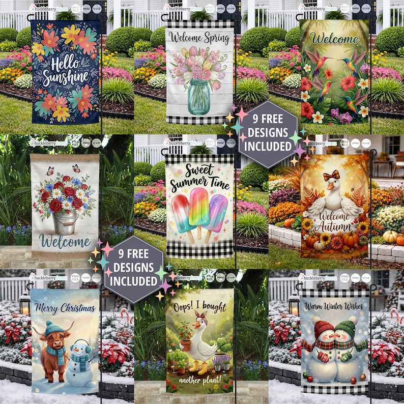 May include: A collection of decorative garden flags with various seasonal designs. The flags feature themes like "Hello Sunshine," "Welcome Spring," "Welcome," "Sweet Summer Time," "Welcome Autumn," "Merry Christmas," and "Warm Winter Wishes."