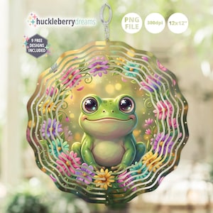 May include: A whimsical, circular wind spinner featuring a smiling green frog surrounded by colorful flowers. The design includes a metal loop for hanging. The image also includes the text "huckleberrydreams" and "9 FREE DESIGNS INCLUDED".