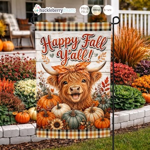 May include: A rectangular garden flag featuring a brown Highland cow wearing an orange patterned bandana, surrounded by pumpkins and autumn leaves. The text "Happy Fall Y'all!" is printed in brown script. The flag has a plaid border at the top and bottom.