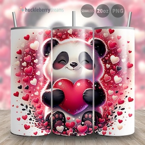 May include: A 20 ounce stainless steel tumbler with a sublimation design featuring a cartoon panda bear holding a red heart. The background is a pink and white pattern of hearts.