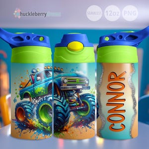May include: Three 12oz personalized water bottles with green and blue lids. The bottle on the left has a monster truck design with blue, green, and orange paint splatters. The bottle in the middle has a monster truck design with blue, green, and orange paint splatters. The bottle on the right has a blue background with a white and orange name "CONNOR" on it.