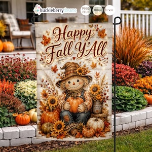 May include: A decorative garden flag with a fall theme. The flag features a scarecrow holding a pumpkin, surrounded by sunflowers and pumpkins. The text "Happy Fall Y'all" is displayed at the top. The flag is 12" x 18".