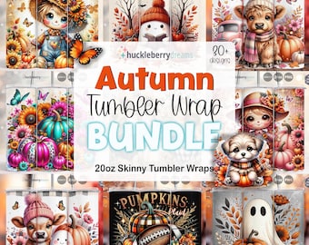 May include: A collection of 20oz skinny tumbler wraps with autumn-themed designs. The designs include illustrations of pumpkins, butterflies, and cute characters. The text "Autumn Tumbler Wrap Bundle" is displayed.