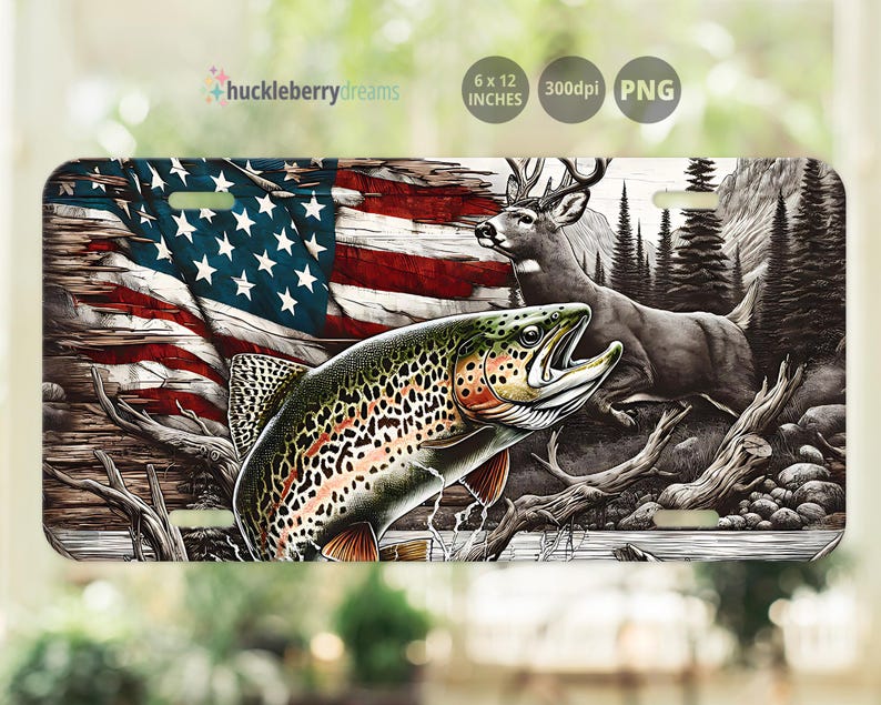 K&ouml;nnte beinhalten: Kennzeichen mit detaillierter Illustration einer Forelle, die aus dem Wasser springt, einem Hirsch und einer amerikanischen Flagge. Der Hintergrund umfasst eine Wald- und Berglandschaft. Die Platte misst 15 x 30 cm.