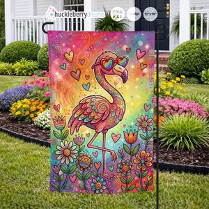 May include: A colorful garden flag featuring a flamingo wearing heart-shaped sunglasses, surrounded by flowers and hearts. The flag is 12" x 18" and has a vibrant, psychedelic design with the text "huckleberrydreams".