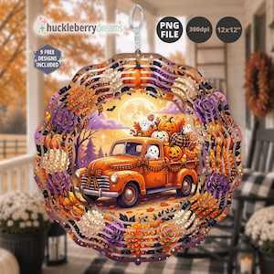 May include: A circular wind spinner featuring an orange truck carrying pumpkins and ghosts, surrounded by autumn flowers and a full moon. Text includes huckleberrydreams, PNG FILE, 300dpi, 12x12, and 9 FREE DESIGNS INCLUDED.