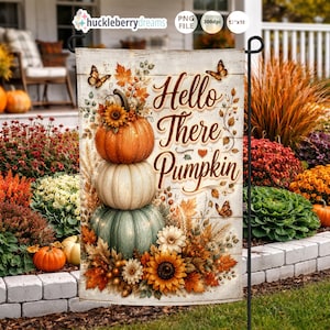 May include: A decorative garden flag featuring a stack of pumpkins in shades of orange, cream, and green, adorned with sunflowers and fall foliage. The flag reads "Hello There Pumpkin" with butterfly accents.