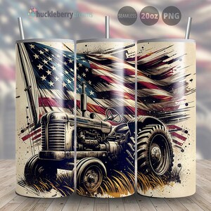 May include: A 20oz stainless steel tumbler with a design of a tractor driving through a field of grass with an American flag waving in the background. The tumbler is seamless and has a lid.