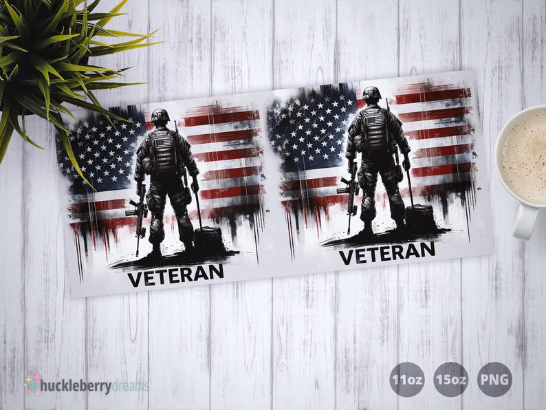 Puede incluir: Un dise&ntilde;o con la silueta de un soldado contra una bandera estadounidense desgastada. La palabra "VETERAN" est&aacute; impresa en negrita, con letras negras debajo del soldado. El dise&ntilde;o est&aacute; sobre un fondo blanco.