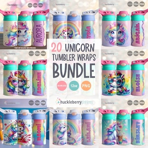 May include: A set of 20 printable 12-ounce tumbler wraps featuring unicorn designs. The wraps are seamless and come in PNG format. The designs include various colorful unicorns with names like Aurora, Adeline, and Eloise.