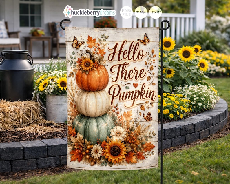 May include: A garden flag featuring a stack of three pumpkins in orange, cream, and green, adorned with sunflowers and fall foliage. The flag reads "Hello There Pumpkin" in elegant script, with butterflies scattered around the design. The flag is 12"x18".
