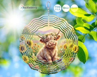 May include: A metal wind spinner with a smiling Highland cow in a sunflower field. The cow wears a flower crown. The spinner has a key ring for hanging and the text "huckleberry dreams".