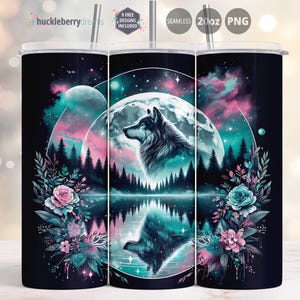 May include: A black 20oz tumbler with a wolf design. The design features a wolf in front of a full moon, with a forest and lake scene. The design includes pink, teal, and purple colors. The tumbler has a silver straw and a white lid.