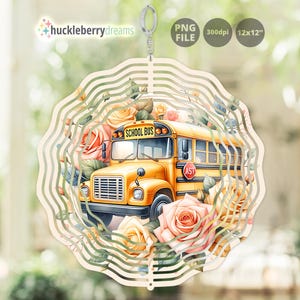 May include: A yellow school bus with the words "School Bus" on the front, surrounded by pink, white, and yellow roses. The bus is part of a metal wind chime with a floral design.