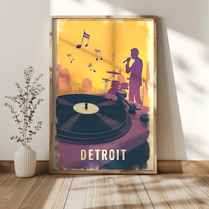 Poster d'art mural imprimable Detroit - Déco Motown Record rétro avec notes de musique, silhouette de performance live, chaud, violets, bleus