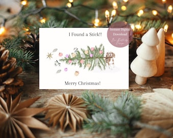 Dog Christmas Card – Stick Tree Holiday Card (Digital Download)