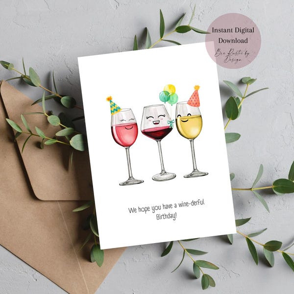 Wine Birthday Card: Funny Party Glasses (Digital Download)