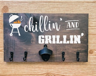 Chillin' and Grillin' BBQ Sign: Outdoor Decor with Utensil Hooks