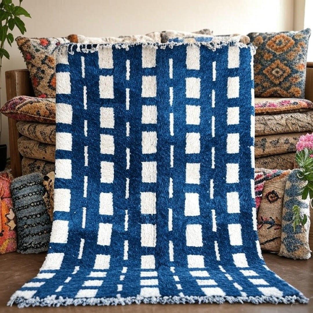 幾何学模様の手織りウールラグ 手織りウールラグ：ヴィンテージスタイルのブルー幾何学模様エリアラグ