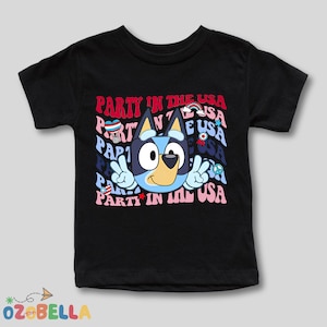 Patriotic Cartoon Dog Shirt, Party in the USA Tee for Kids, Cute Red White Blue Fourth of July Graphic T-Shirt