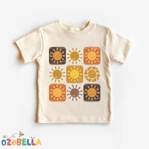 Retro Sun Graphic Kids Shirt - Boho Sunshine Toddler Tee - Groovy Vintage Style Summer T-shirt for Boys and Girls