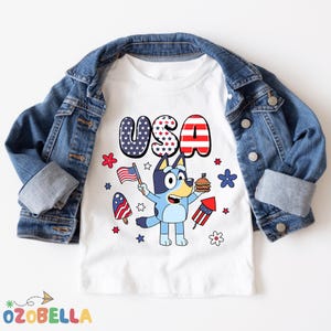 USA Cartoon Dog Shirt, 4th of July Kids Tee with Flags and Burgers, Patriotic Graphic T-Shirt for Boys and Girls