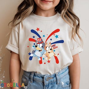 Patriotic Cartoon Dog Duo Shirt, 4th of July Kids Tee, Red White Blue Firework Puppy T-Shirt for Toddlers