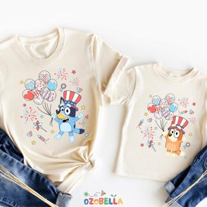 Patriotic Balloon Dog Shirt, 4th of July Kids Tee, Blue Puppy Independence Day Graphic Matching Family Top