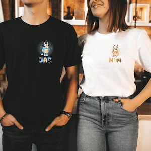 Pocket Design Dancing Blue Dog Dad Mum Shirts , Matching Couple  Shirts , Cute Mum Shirts