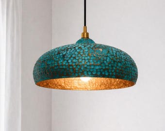 Turquoise Moroccan Pendant Light, Handmade Copper Boho Ceiling Lamp