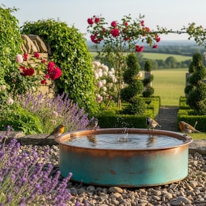 Puede incluir: Un bebedero para pájaros de cobre con pátina verdiazul, lleno de agua, se encuentra en un jardín. Varios pájaros pequeños se posan en el borde. El jardín presenta lavanda, rosas y setos cuidados.