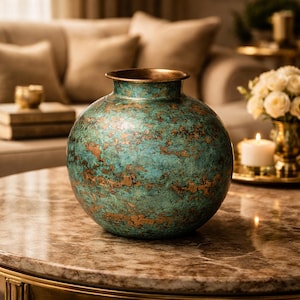 Op de afbeelding: Een ronde, decoratieve vaas met een turquoise en bronzen afwerking. De vaas heeft een brede, bolvormige body en een smalle opening. De bronzen accenten creëren een textuur, verouderde uitstraling. Een decoratief woonaccessoire.