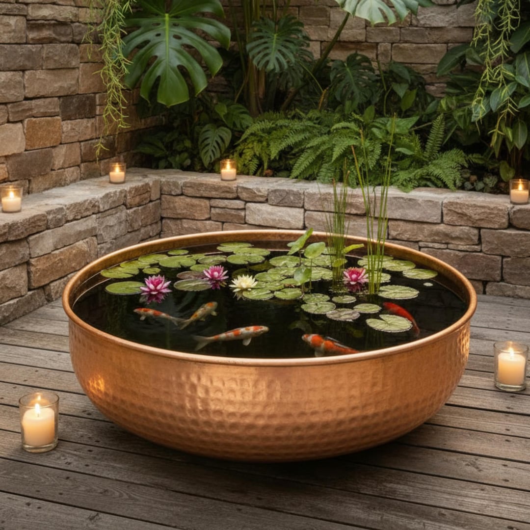 Moroccan Hammered Copper Fish Pond, Handmade Koi Water Bowl, Outdoor Garden Fountain, Moroccan Patio Decor, Luxury Zen Water Feature,,