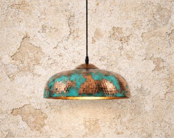 Handcrafted Hammered Copper Pendant Light, Turquoise Patina, Boho Lighting