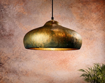 Lámpara colgante de latón martillado a mano con cúpula de pátina verde azulado, lámpara de isla de cocina rústica