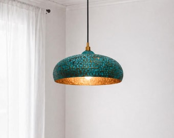 Turquoise Moroccan Pendant Light, Handmade Copper Boho Ceiling Lamp