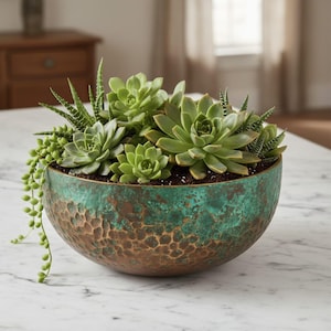 Puede incluir: Arreglo de suculentas en un cuenco de cobre martillado. El cuenco tiene una pátina verde sobre una base de bronce. Varias suculentas verdes y plantas colgantes llenan el cuenco, creando una exhibición natural y texturizada. Sobre una superficie de mármol blanco.