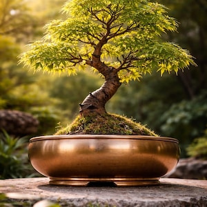 May include: A bonsai tree with bright green foliage and a brown, textured trunk, set in a polished, gold-coloured bowl. The background is blurred, creating a sense of depth. The image evokes a feeling of peace and natural beauty, showcasing the art of bonsai.