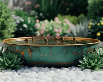 Handcrafted Copper Bird Bath – Patina Garden Fountain with Marble Pedestal