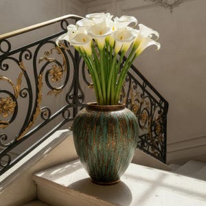 May include: A bouquet of white calla lilies with yellow centres and green stems arranged in a round, textured vase. The vase features a mottled finish with vertical streaks of dark teal, green, and metallic bronze tones throughout its surface.