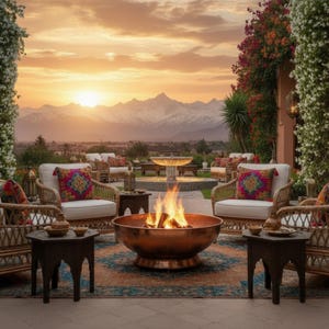 May include: An outdoor seating area with a copper fire pit, wicker chairs, and colorful patterned pillows. The scene is set against a backdrop of mountains and a sunset. Small tables and a fountain add to the ambiance.