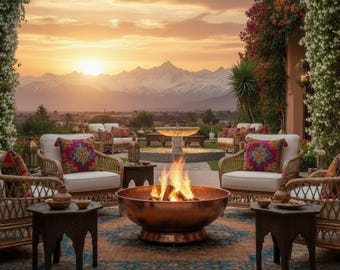 Brasero de cobre marroquí hecho a mano: decoración rústica de lujo para patios exteriores.