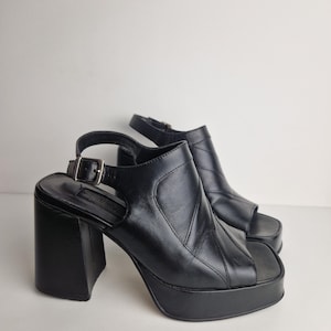 Vintage Y2K Black Leather Platform Heels Chunky Slingback Sandals Made in Brazil Minimalist 90s Shoes