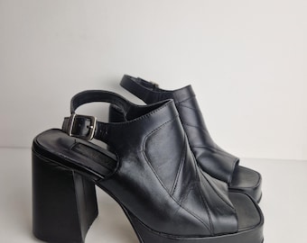Vintage Y2K Black Leather Platform Heels Chunky Slingback Sandals Made in Brazil Minimalist 90s Shoes